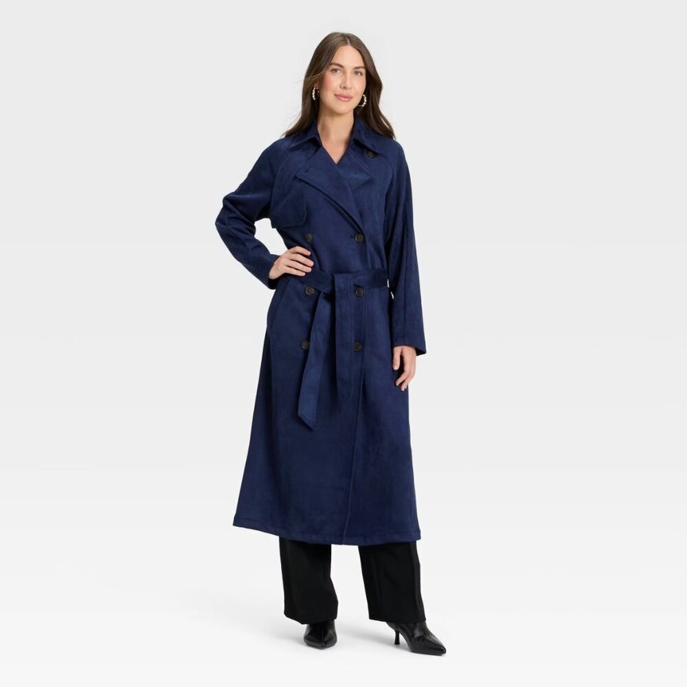 a new day Navy Blue Women's Faux Suede Trench Coat Size XL NWT